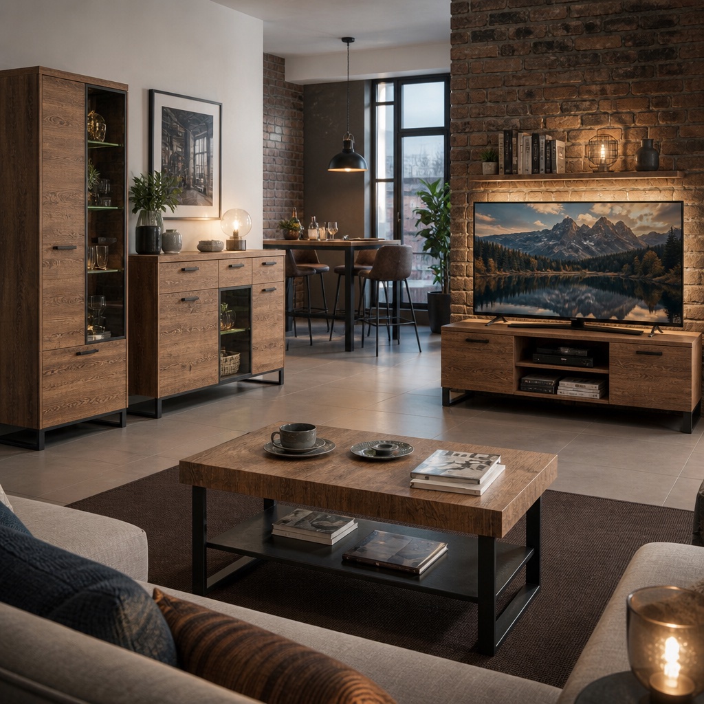 Гостиная «Loft»: тумба, обеденный столик, барные стулья, комод, GS83